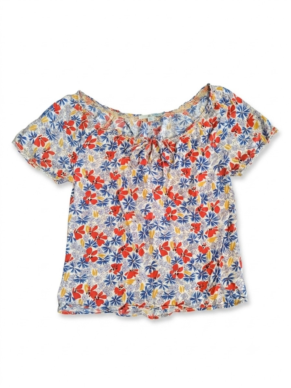 Boden Floral Top US 6 UK 10 Smocked Tie Neck Peasant Blouse Puff Sleeve WA299
